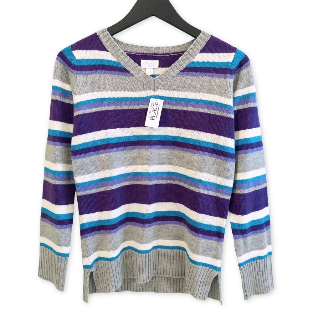 NWT The Childrens Place Sweater Girls XL V Neck Striped Top Sparkle Preppy New